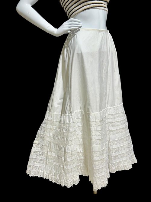 Antique 1900s cotton maxi skirt, full white ruffle lace petticoat, hippie boho prairie lawn skirt