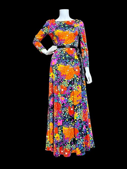 MARVELLA SCREEN PRINT 1970s vintage maxi dress, Bold floral psychedelic flower power jersey knit gown