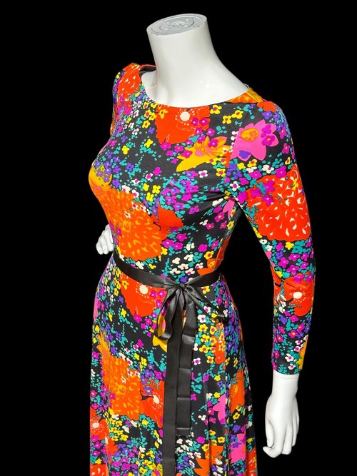 MARVELLA SCREEN PRINT 1970s vintage maxi dress, Bold floral psychedelic flower power jersey knit gown