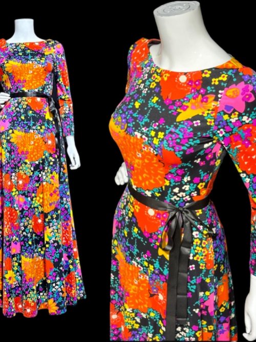 MARVELLA SCREEN PRINT 1970s vintage maxi dress, Bold floral psychedelic flower power jersey knit gown