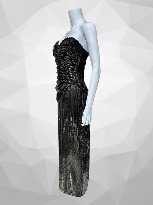 TADASHI 1980s vintage evening gown, prom party dress, all over black sequin, strapless ruched bodice