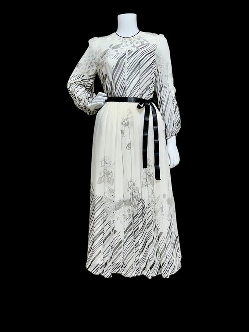 MOLLIE PARNIS by Morty Sussman, 1970s vintage evening dress, chiffon black and white floral poly chiffon gown