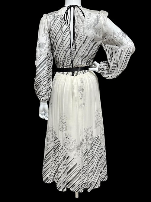 MOLLIE PARNIS by Morty Sussman, 1970s vintage evening dress, chiffon black and white floral poly chiffon gown