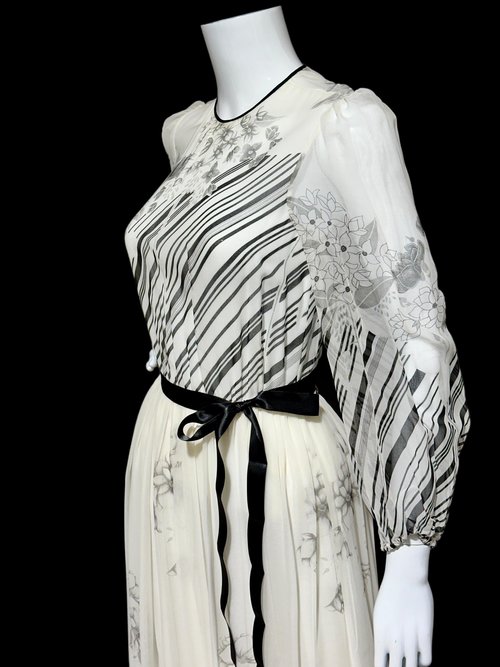 MOLLIE PARNIS by Morty Sussman, 1970s vintage evening dress, chiffon black and white floral poly chiffon gown