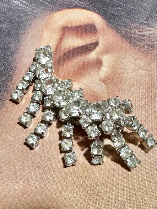 1950s vintage earrings, climber rhinestone clip earrings, clip-on prong set wedding bridal earrings, fringe dangles sparkle and bling