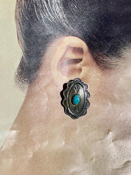 Navajo sterling silver and turquoise vintage earrings, Concho style southwestern native American clip on earrings, artist unknown