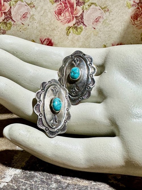 Navajo sterling silver and turquoise vintage earrings, Concho style southwestern native American clip on earrings, artist unknown