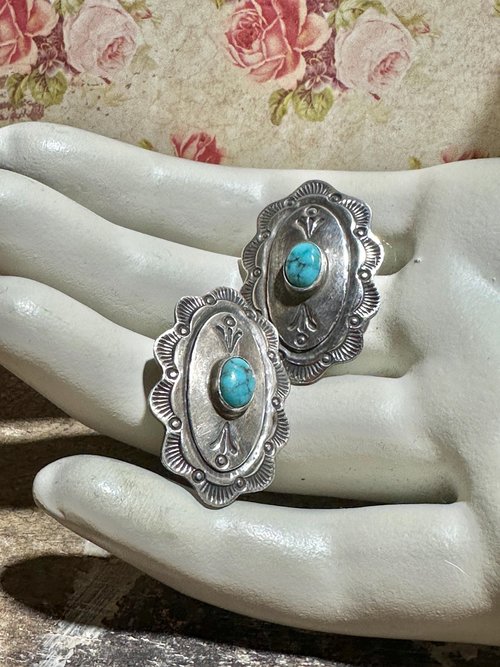 Navajo sterling silver and turquoise vintage earrings, Concho style southwestern native American clip on earrings, artist unknown