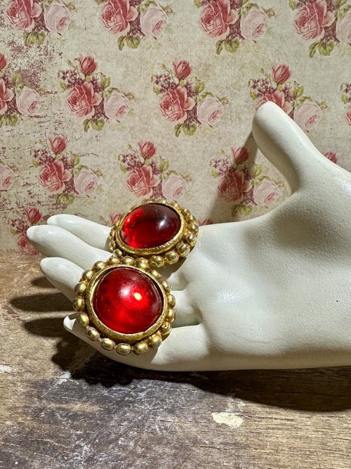 EMANUEL UNGARO vintage 1980s clip earrings, runway statement earrings, shiny red gold glam dynasty