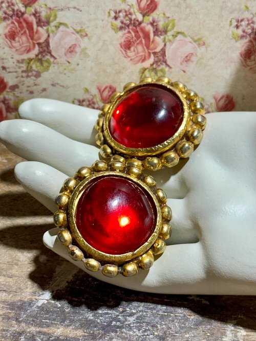 EMANUEL UNGARO vintage 1980s clip earrings, runway statement earrings, shiny red gold glam dynasty