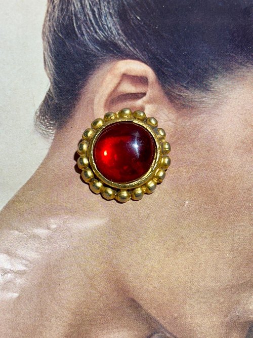 EMANUEL UNGARO vintage 1980s clip earrings, runway statement earrings, shiny red gold glam dynasty