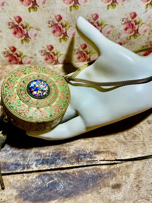 1920s vintage powder dance compact, Antique chatelaine flapper enamel mirrored wrist compact