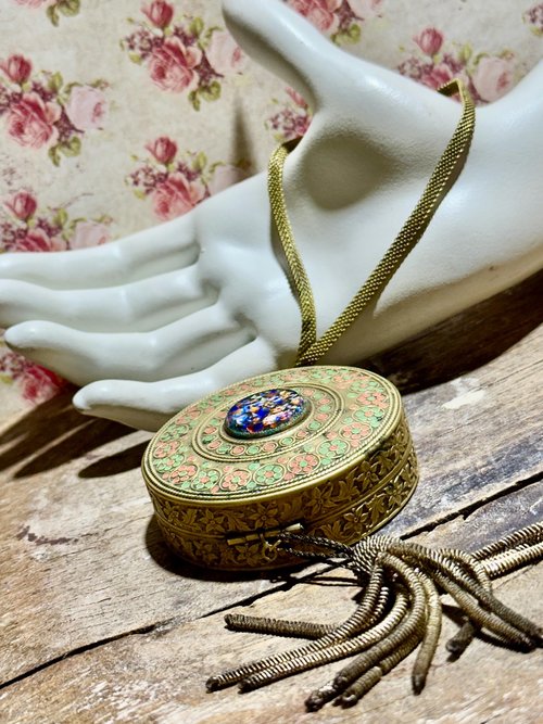 1920s vintage powder dance compact, Antique chatelaine flapper enamel mirrored wrist compact