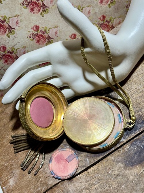 1920s vintage powder dance compact, Antique chatelaine flapper enamel mirrored wrist compact