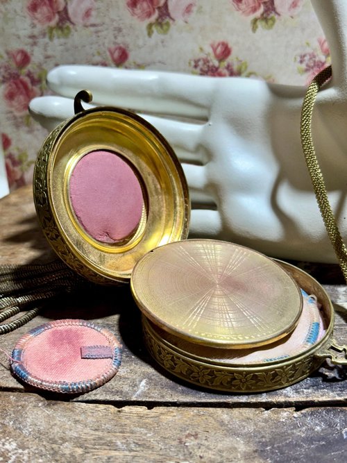 1920s vintage powder dance compact, Antique chatelaine flapper enamel mirrored wrist compact