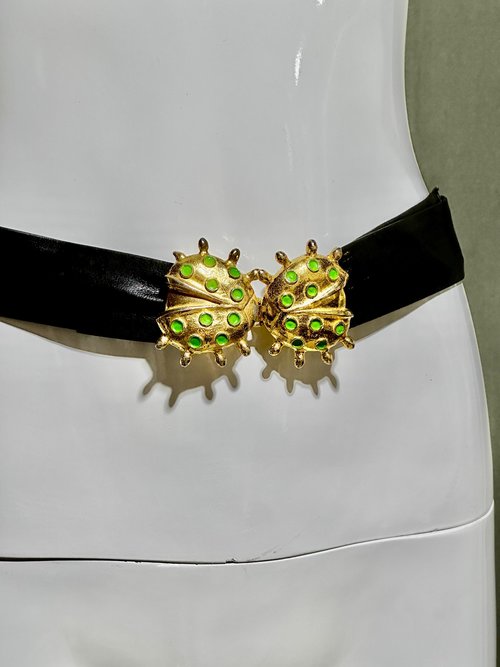 MIMI Di N vintage 1970s signed belt buckle, shiny gold and green enamel, kissing ladybugs dated 1972