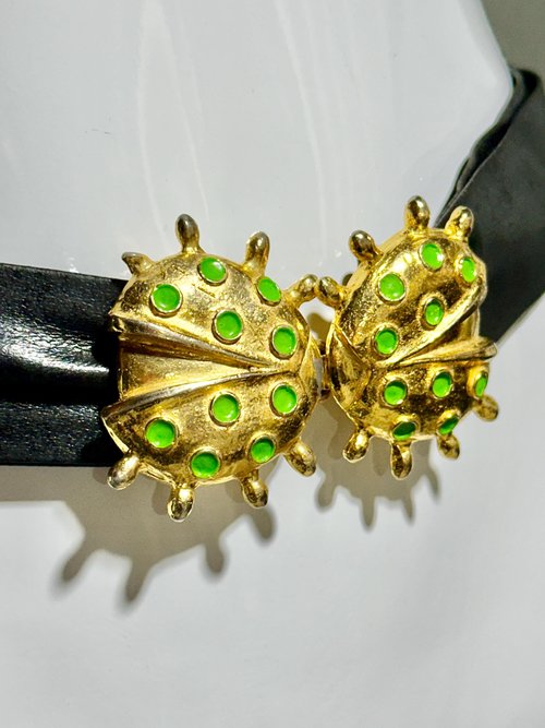 MIMI Di N vintage 1970s signed belt buckle, shiny gold and green enamel, kissing ladybugs dated 1972