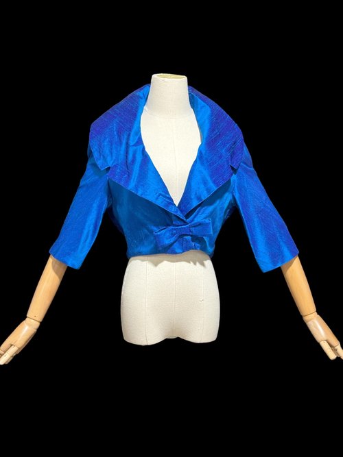 1950s vintage evening jacket, Custom Made cropped bolero shrug dinner coat, Royal Blue silk, Portrait Collar, 36 bust