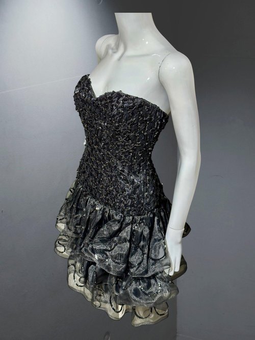 TRACY MILLS 1980s vintage prom dress, Black strapless sequin cocktail dress