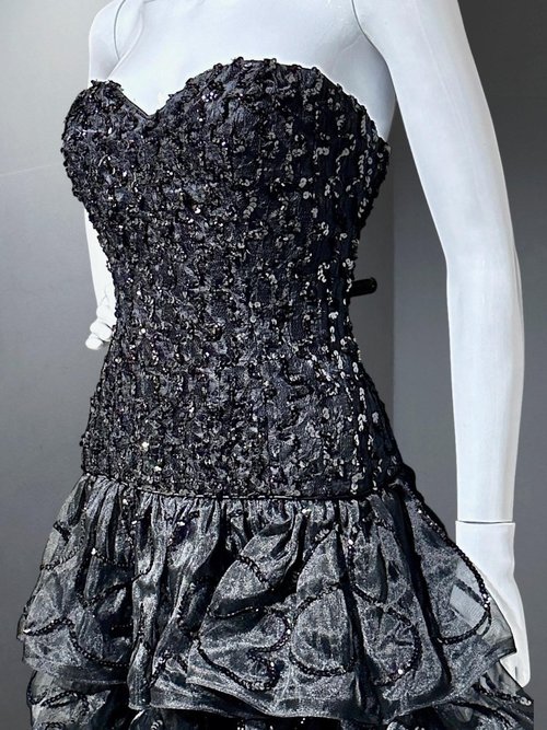 TRACY MILLS 1980s vintage prom dress, Black strapless sequin cocktail dress