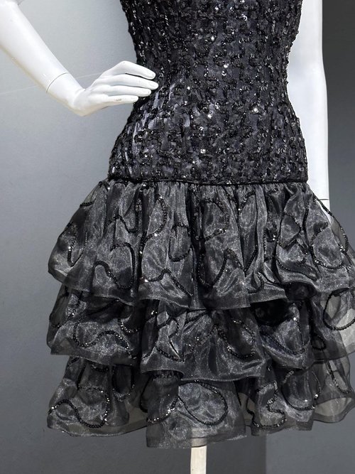 TRACY MILLS 1980s vintage prom dress, Black strapless sequin cocktail dress