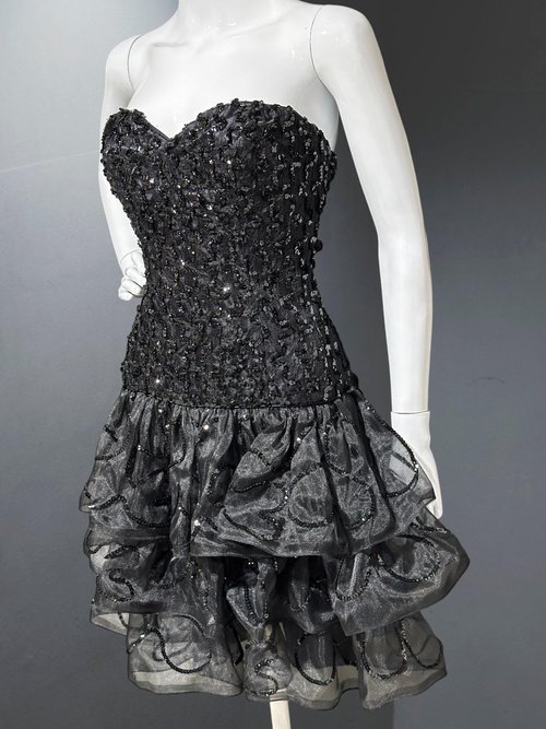 TRACY MILLS 1980s vintage prom dress, Black strapless sequin cocktail dress