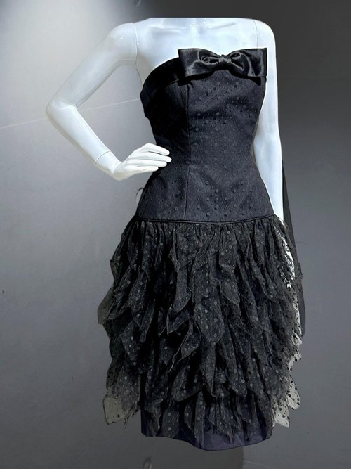 AJ BARI for SAKS 1980s vintage prom dress, Black strapless cocktail dress, dropped waist tiered ruffles evening dress, 33 bust