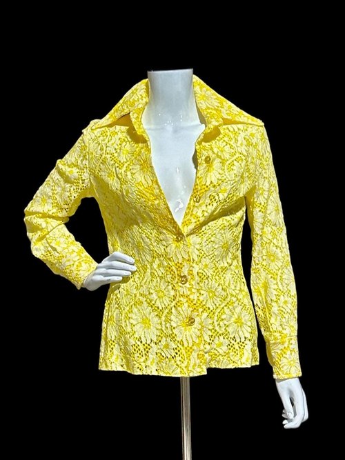 The Roadrunner, vintage 1970s shirt, Yellow lace top shirt blouse