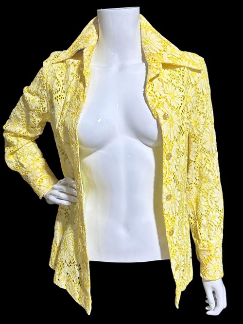 The Roadrunner, vintage 1970s shirt, Yellow lace top shirt blouse