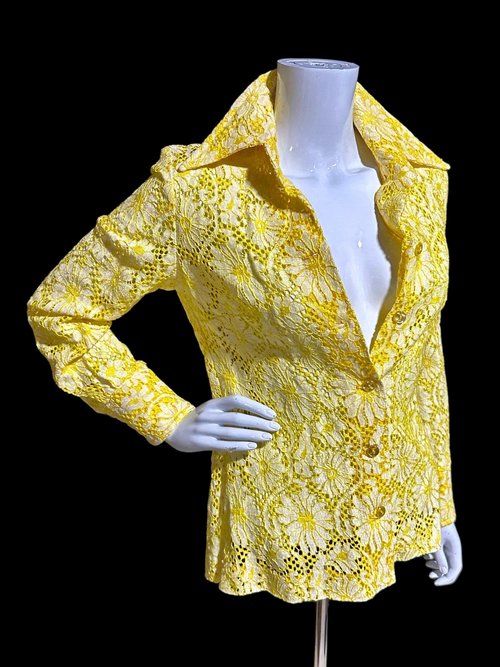 The Roadrunner, vintage 1970s shirt, Yellow lace top shirt blouse