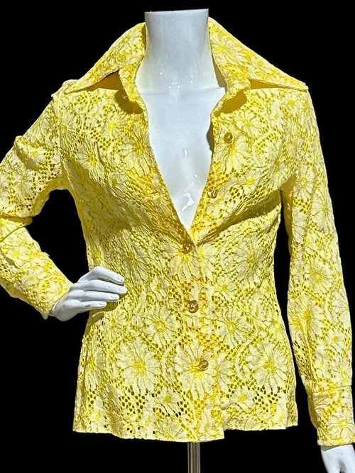 The Roadrunner, vintage 1970s shirt, Yellow lace top shirt blouse