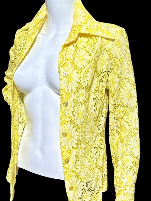 The Roadrunner, vintage 1970s shirt, Yellow lace top shirt blouse