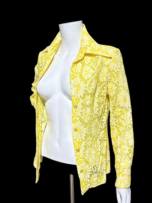 The Roadrunner, vintage 1970s shirt, Yellow lace top shirt blouse