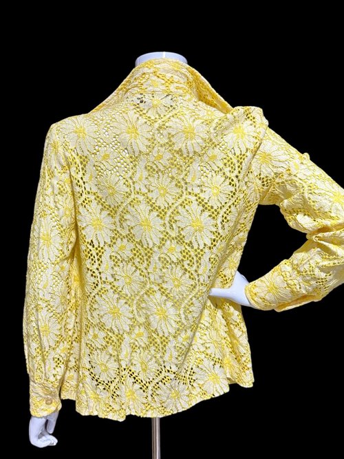 The Roadrunner, vintage 1970s shirt, Yellow lace top shirt blouse