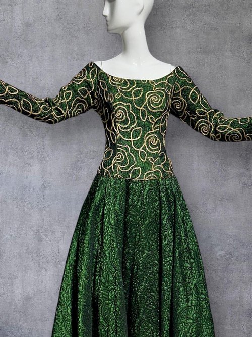 TERENCE NOLDER 1980s vintage evening dress ball gown, Deep green and gold