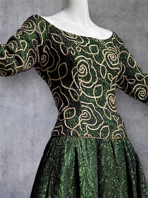 TERENCE NOLDER 1980s vintage evening dress ball gown, Deep green and gold