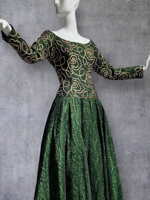 TERENCE NOLDER 1980s vintage ball gown, London Deep green and gold long sleeve ball gown, 40 bust