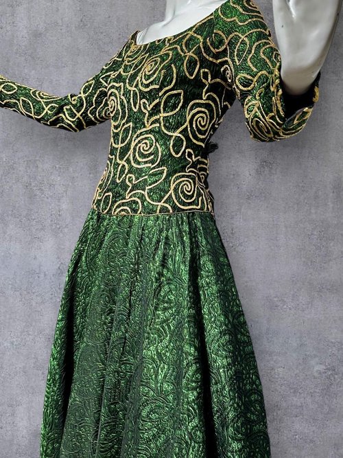 TERENCE NOLDER 1980s vintage evening dress ball gown, Deep green and gold