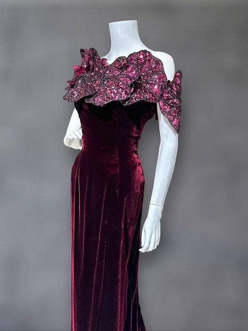 EUGENE ALEXANDER 1980s vintage evening gown, burgundy velvet sheath with HUGE Sequin Flowers