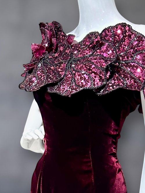 EUGENE ALEXANDER 1980s vintage evening gown, burgundy velvet sheath with HUGE Sequin Flowers