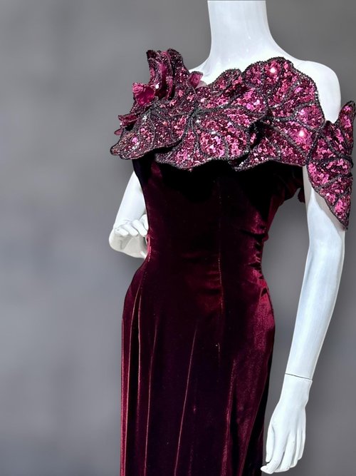 EUGENE ALEXANDER 1980s vintage evening gown, burgundy velvet sheath with HUGE Sequin Flowers