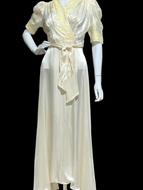 1940s vintage dressing gown, shiny silky white satin and yellow embroidery peignoir housecoat