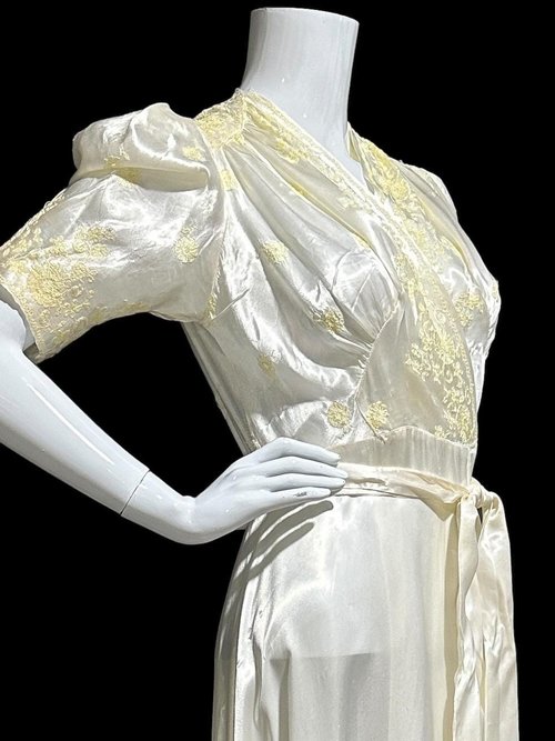 1940s vintage dressing gown, shiny silky white satin and yellow embroidery peignoir housecoat