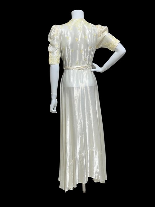 1940s vintage dressing gown, shiny silky white satin and yellow embroidery peignoir housecoat