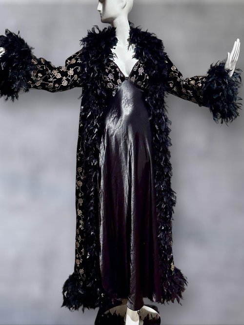 FREDERICK'S of HOLLYWOOD vintage Peignoir nightgown robe set, Black velvet gold roses and FEATHERS