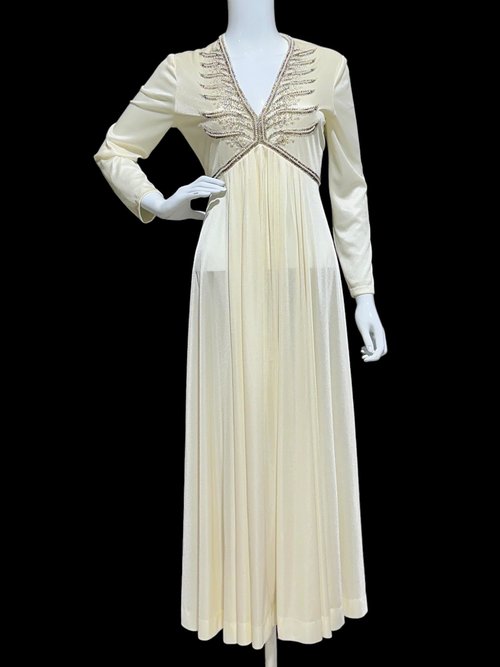 JACK BRYAN 1970s vintage evening gown, white jersey knit beaded maxi dress