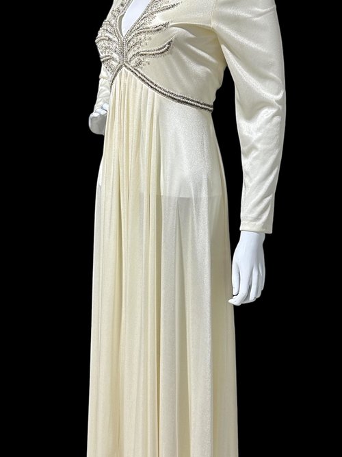 JACK BRYAN 1970s vintage evening gown, white jersey knit beaded maxi dress