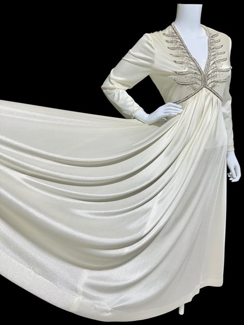 JACK BRYAN 1970s vintage evening gown, white jersey knit beaded maxi dress