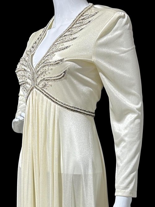 JACK BRYAN 1970s vintage evening gown, white jersey knit beaded maxi dress