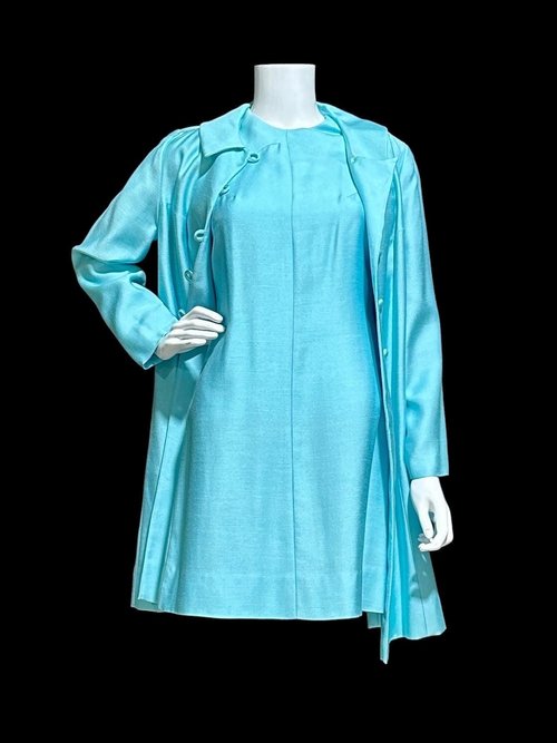 HELEN WHITING vintage 1960s dress set, cocktail dress and coat set, Robin's egg blue Dress and Coat Ensemble, evening suit, 34 bust